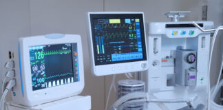 Equipment and medical devices in modern operating room.